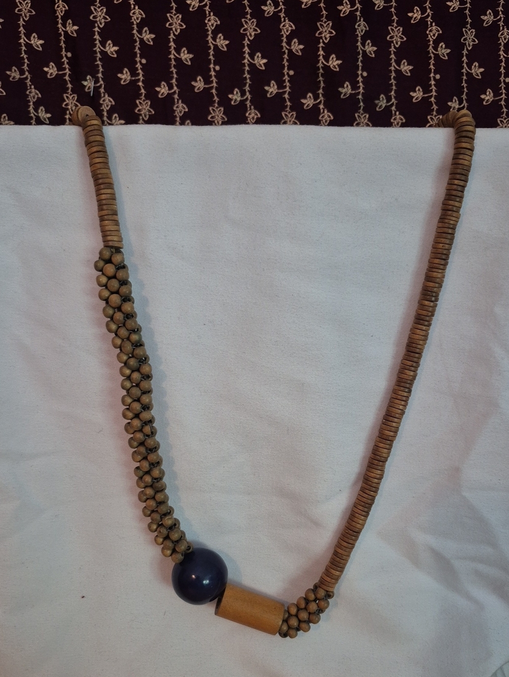 Handcrafted Brown Wooden Bead Necklace with Navy Accent